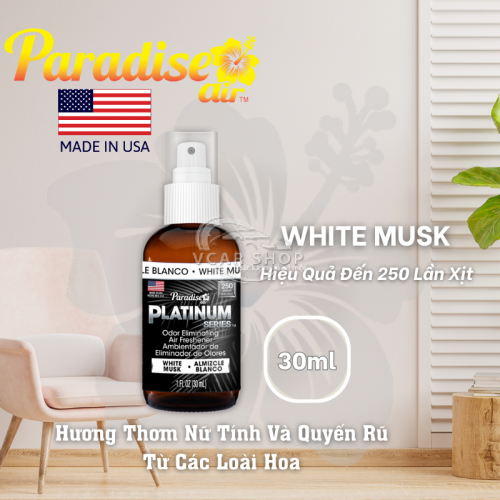 Hương WHITE MUSK – Tinh Dầu Xịt Thơm Ôtô PARADISE AIR 30ml | 250 Lần Xịt Khử Mùi Nhanh Cho Mọi Không Gian | Nhập Khẩu Hoa Kỳ