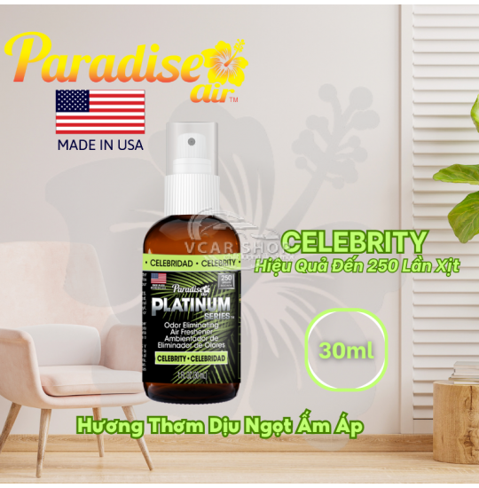 Hương CELEBRITY – Tinh Dầu Xịt Thơm Ôtô PARADISE AIR 30ml | 250 Lần Xịt Khử Mùi Nhanh Cho Mọi Không Gian | Nhập Khẩu Hoa Kỳ